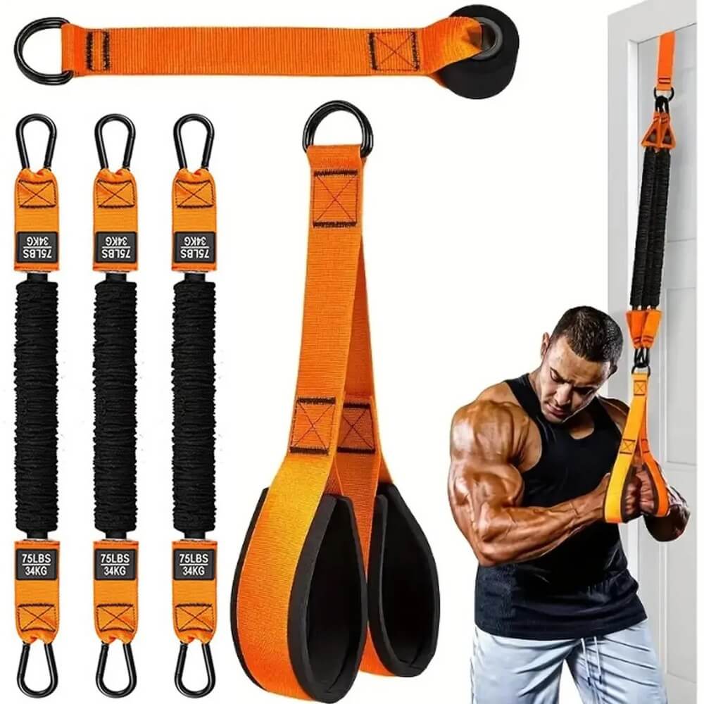 Orange 225 lbs adjustable resistance band set with three bands, door anchor and fitness handles