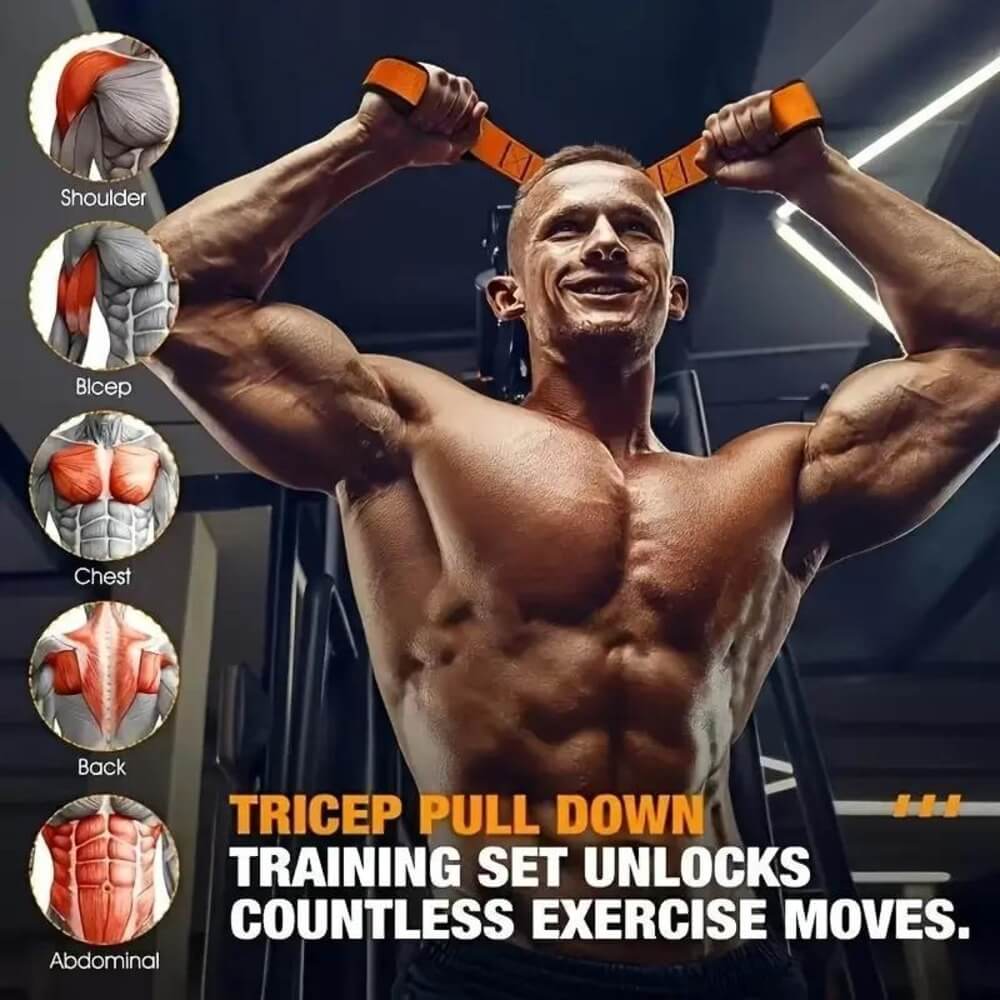 Tricep pull down with the resistance band set, plus other exercise moves