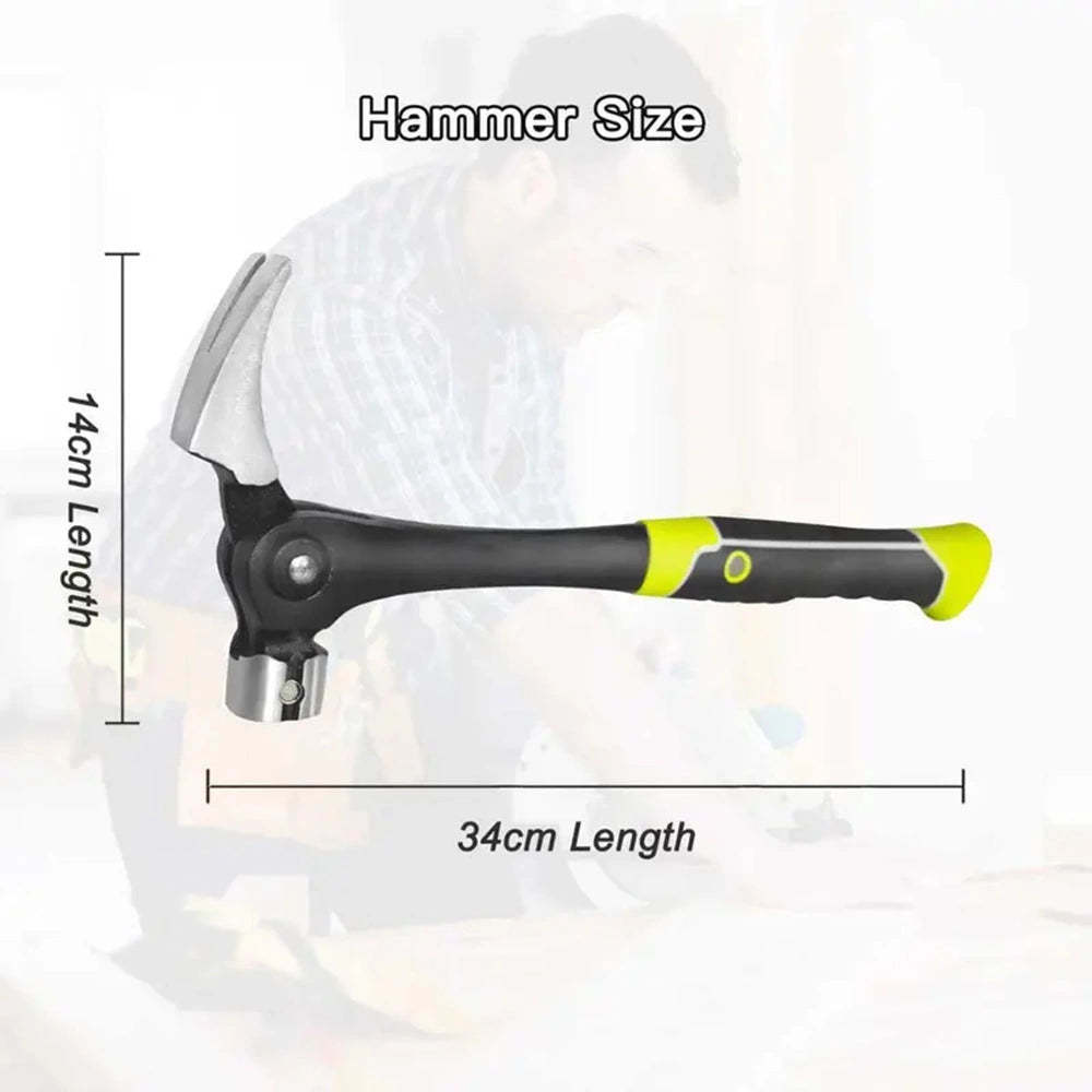 A hammer with a black and neon yellow handle is shown against a blurred workshop background, with measurement lines and text indicating 14cm length, 34cm overall length, and 'Hammer Size'.