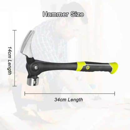 A hammer with a black and neon yellow handle is shown against a blurred workshop background, with measurement lines and text indicating 14cm length, 34cm overall length, and 'Hammer Size'.