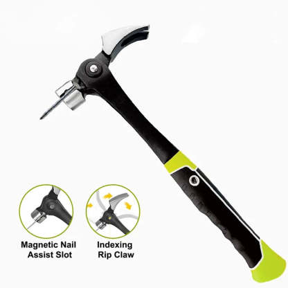 A black and lime green claw hammer with a metal nail bit, shown on a white background with two circular feature callouts labeled 'Magnetic Nail Assist Slot' and 'Indexing Rip Claw'.