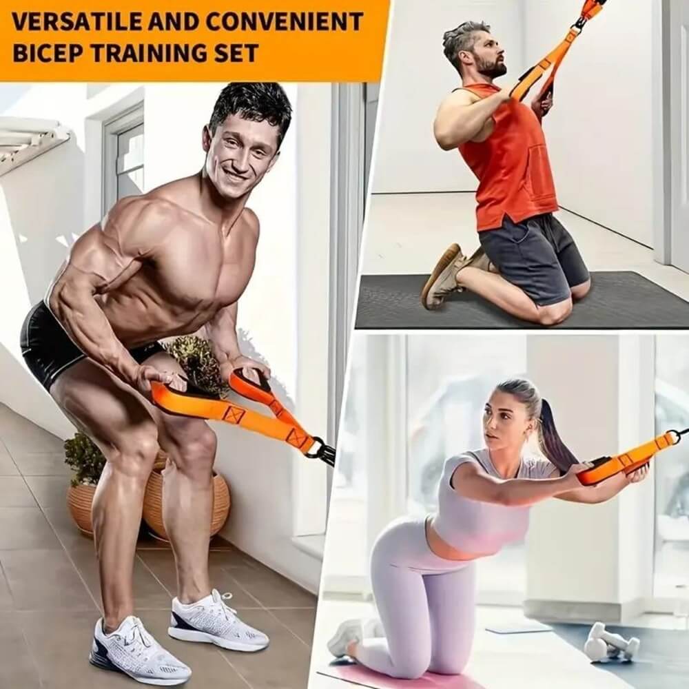 Resistance band set used at a door at home, in a room and while sitting down