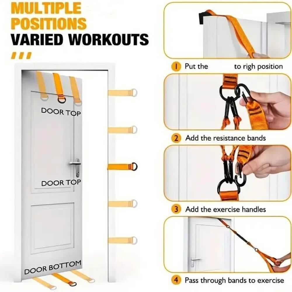 Door anchor set to the lowest, middle and high position with the bands and handle attached