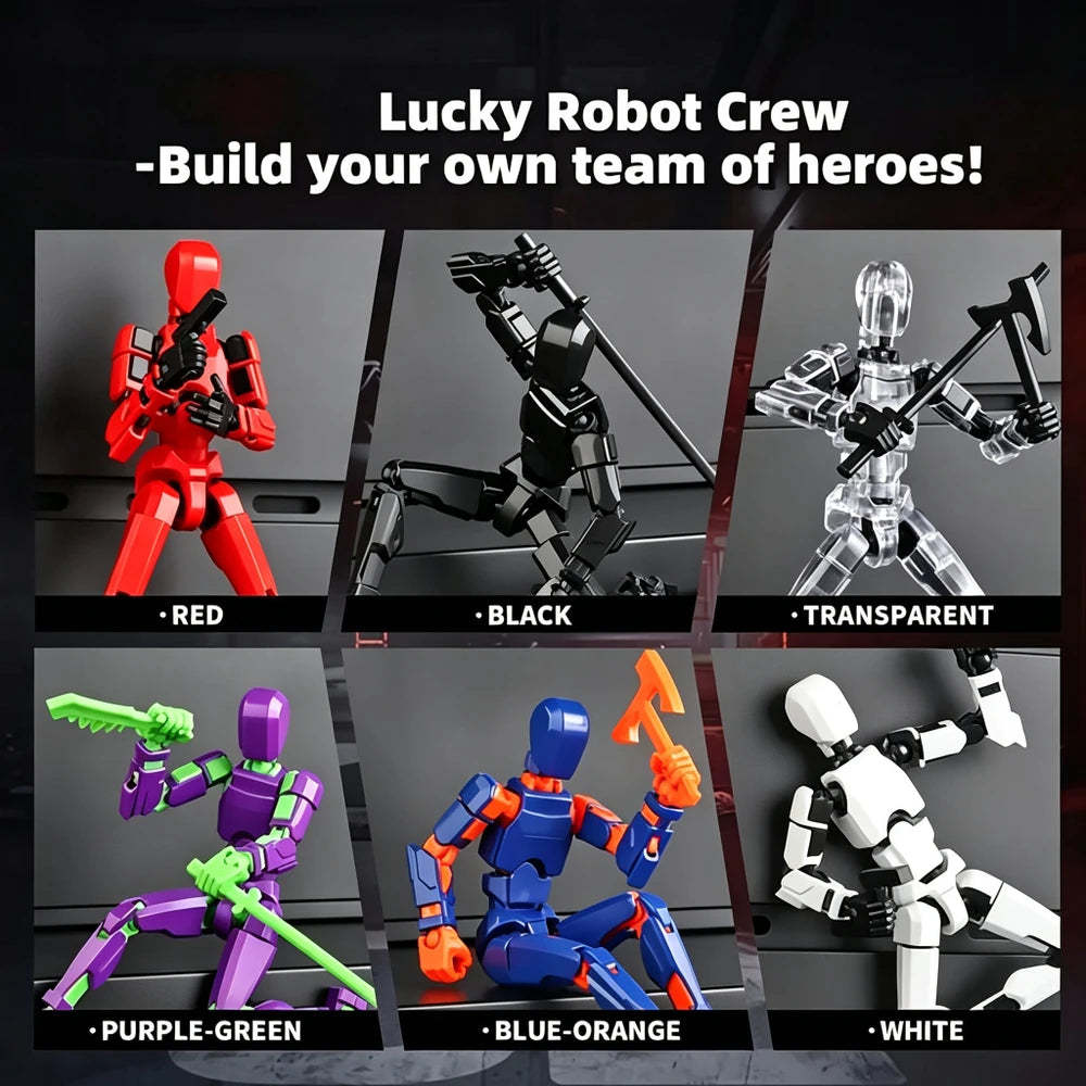 Six toy robot action figures shown in a 2x3 grid with labels for color options: Red, Black, Transparent, Purple-Green, Blue-Orange, and White. The top text reads 'Lucky Robot Crew -Build your own team of heroes!'.