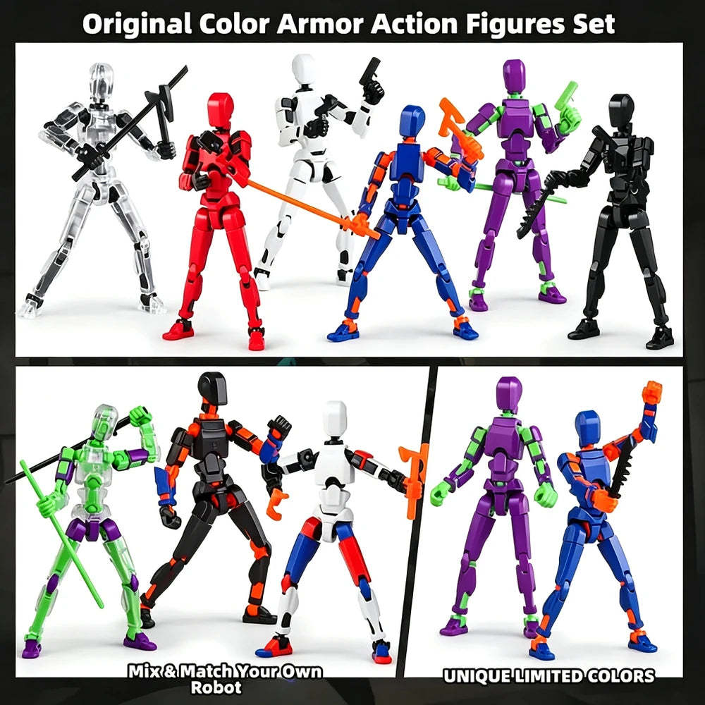 A collage showing multiple articulated action figures in different colorways under the heading 'Original Color Armor Action Figures Set.' The figures are posed against a white background with black border lines and text labels such as 'Mix & Match Your Own Robot' and 'Unique Limited Colors.