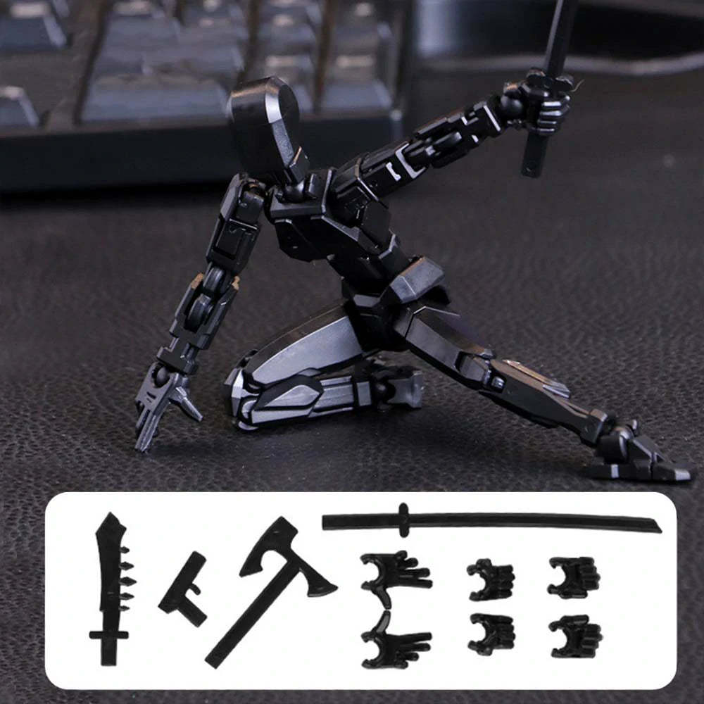 Black articulated sci-fi mecha action figure posed kneeling on a dark textured surface, with interchangeable weapon pieces and extra hands shown in a white panel at the bottom. A blurred keyboard is visible in the background.