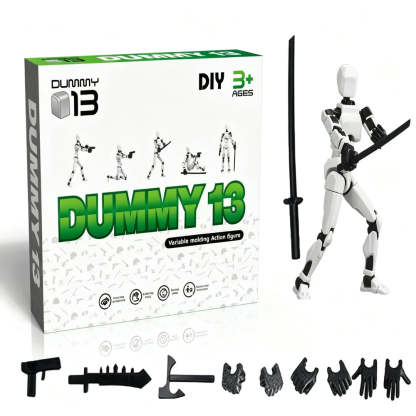 Dummy 13 DIY variable molding action figure kit with its retail box, a white articulated mannequin-style figure holding a black sword, and multiple black accessory weapons and gloves displayed on a clean white background.
