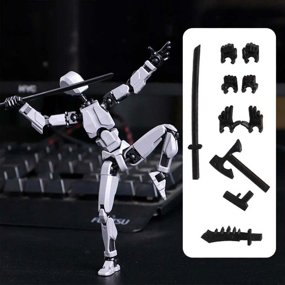 A white and black articulated action figure posed dynamically with a sword, shown beside a white panel displaying interchangeable black accessories including a sword, axe, gloves, and weapon pieces.