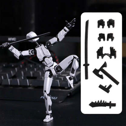 A white and black articulated action figure posed dynamically with a sword, shown beside a white panel displaying interchangeable black accessories including a sword, axe, gloves, and weapon pieces.