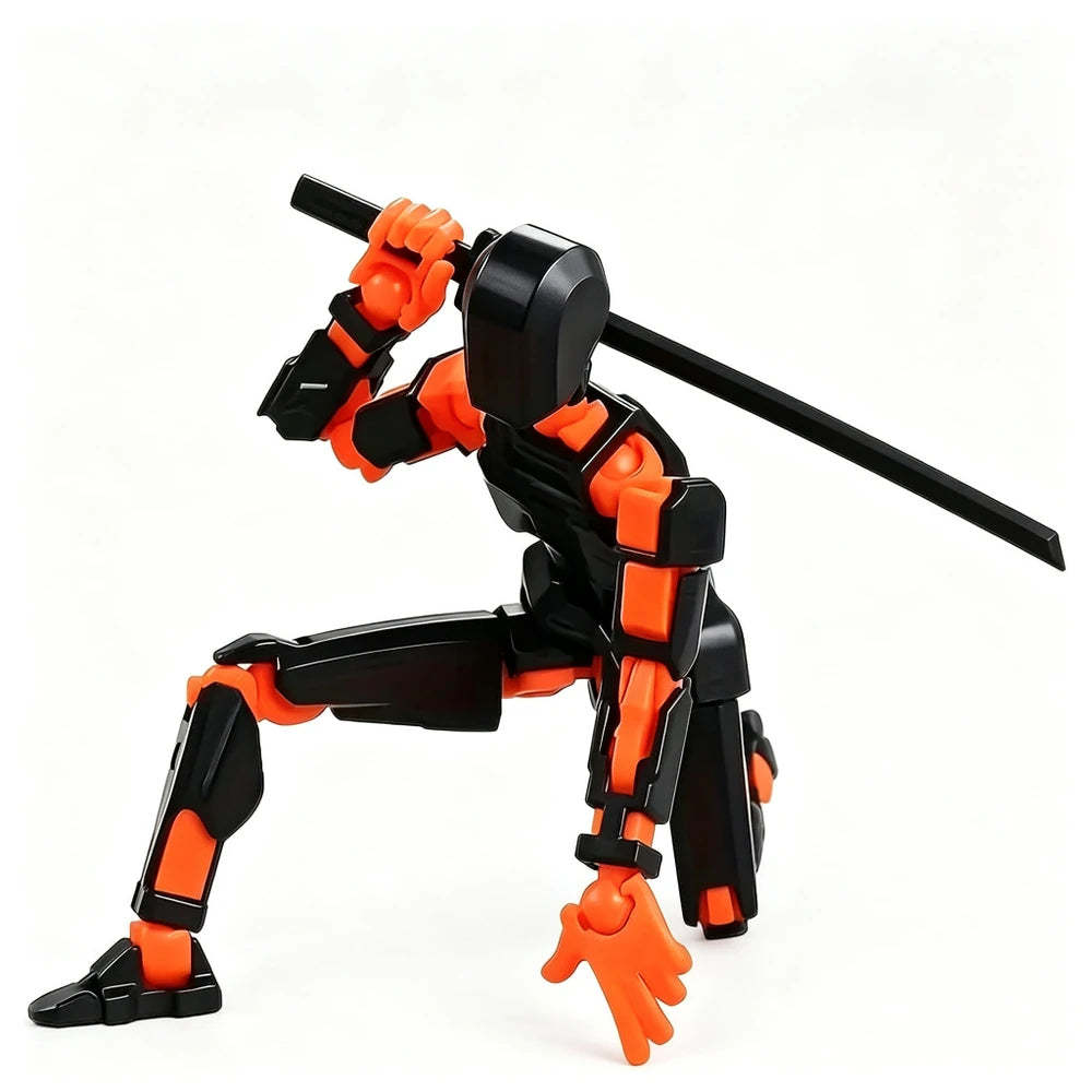 A black and orange articulated action figure posed in a crouching ninja-like stance with a sword on a plain white background.