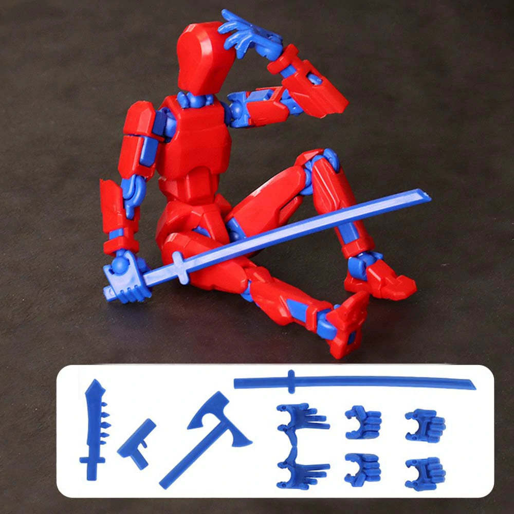 A red and blue plastic articulated action figure posed sitting and holding a sword, shown on a dark surface with a white panel below displaying interchangeable blue accessories.