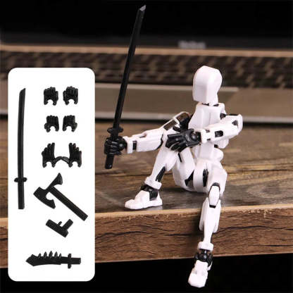 A small white articulated action figure posed sitting on a wooden surface and holding a black sword. The image includes a white inset panel on the left showing additional black accessory pieces such as hands, grips, an axe, and a sword blade.