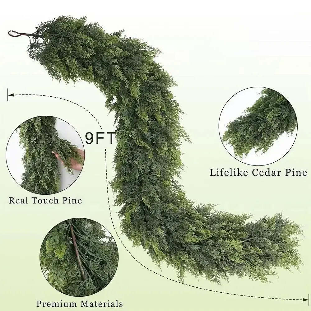 A 9-foot artificial pine garland shown on a pale green background with callout circles and text reading 'Real Touch Pine,' 'Lifelike Cedar Pine,' 'Premium Materials,' and '9FT.'.