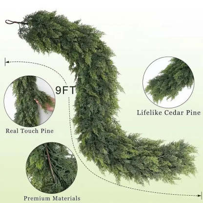 A 9-foot artificial pine garland shown on a pale green background with callout circles and text reading 'Real Touch Pine,' 'Lifelike Cedar Pine,' 'Premium Materials,' and '9FT.'.