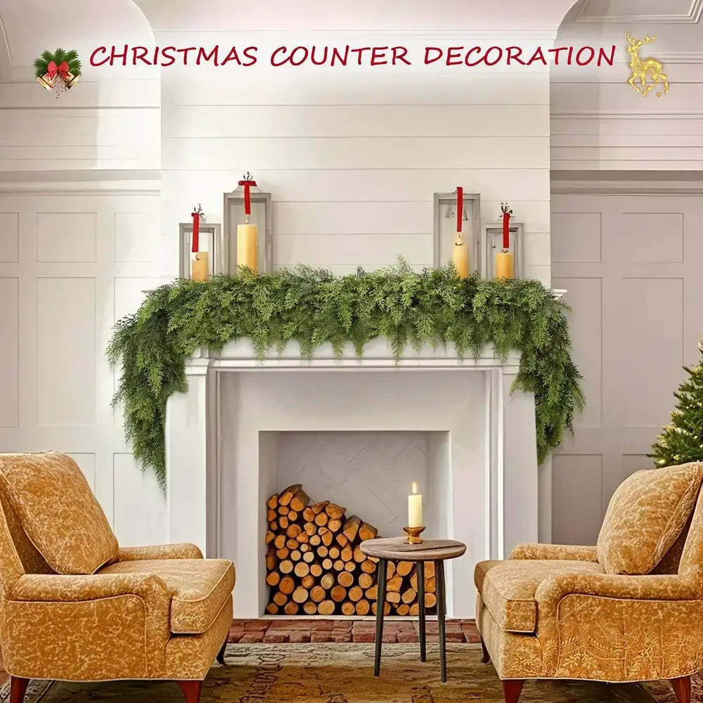 Living room with Christmas decorations including a fireplace, garland, and candles.