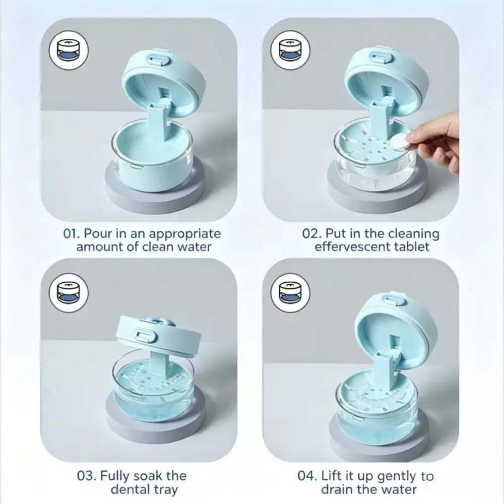 Showing how to use a small mint-blue dental tray cleaner: pour water, add effervescent tablets, soak the tray, and lift it to drain water.