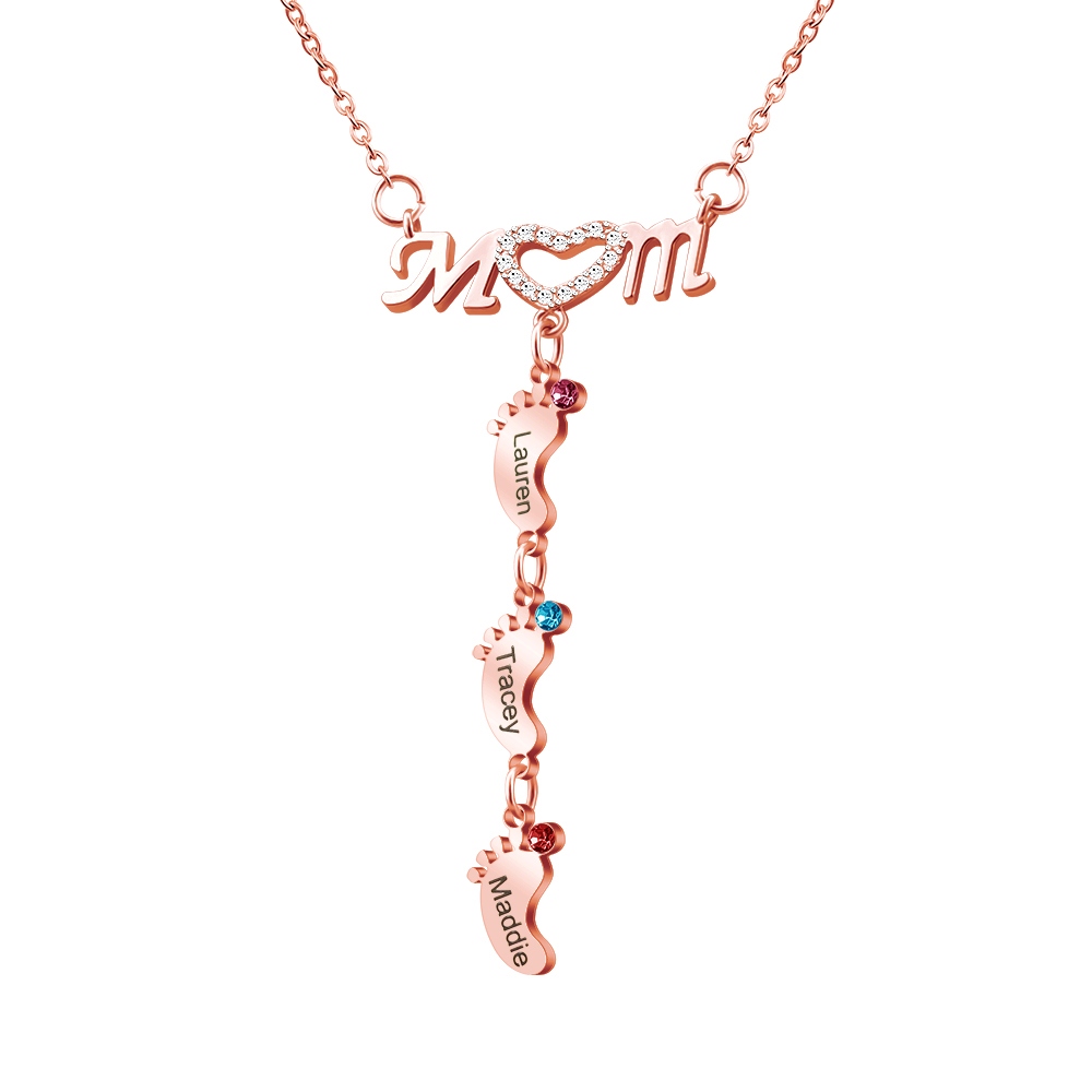 Mother's Day Gift Necklace With Custom Name & Birthstone Baby Foot Charms
