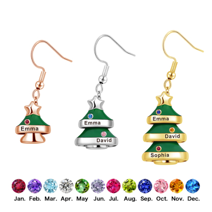 Christmas Tree Custom Name Birthstones Necklace Earring Set