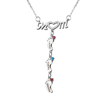 Mother's Day Gift Necklace With Custom Name & Birthstone Baby Foot Charms