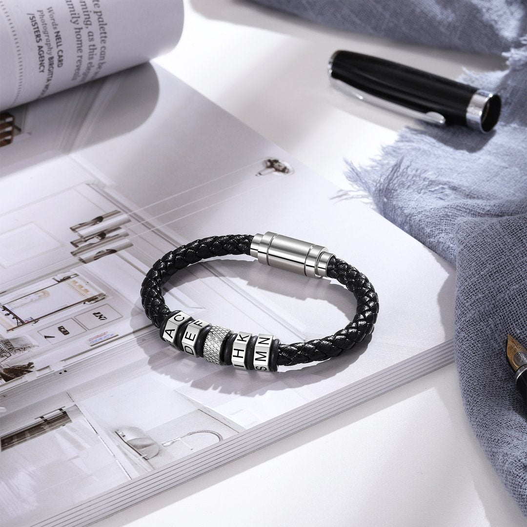 Meaningful Gift Men's Leather Bracelet with Beads Engraved