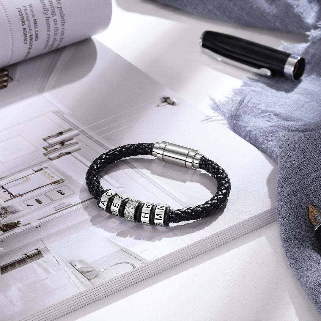 Meaningful Gift Men's Leather Bracelet with Beads Engraved