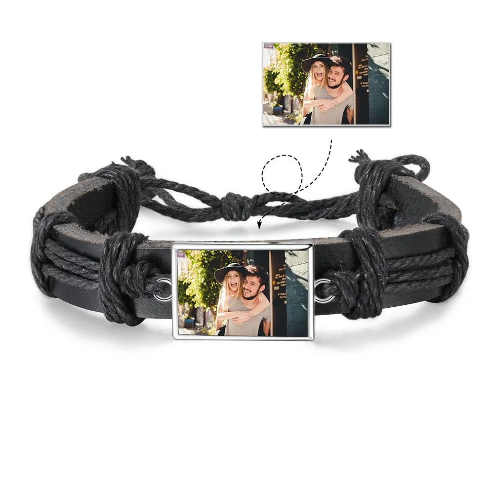 Men Photo Engraved Bracelet Ajustable Leather Strap Photo Tag Bracelets