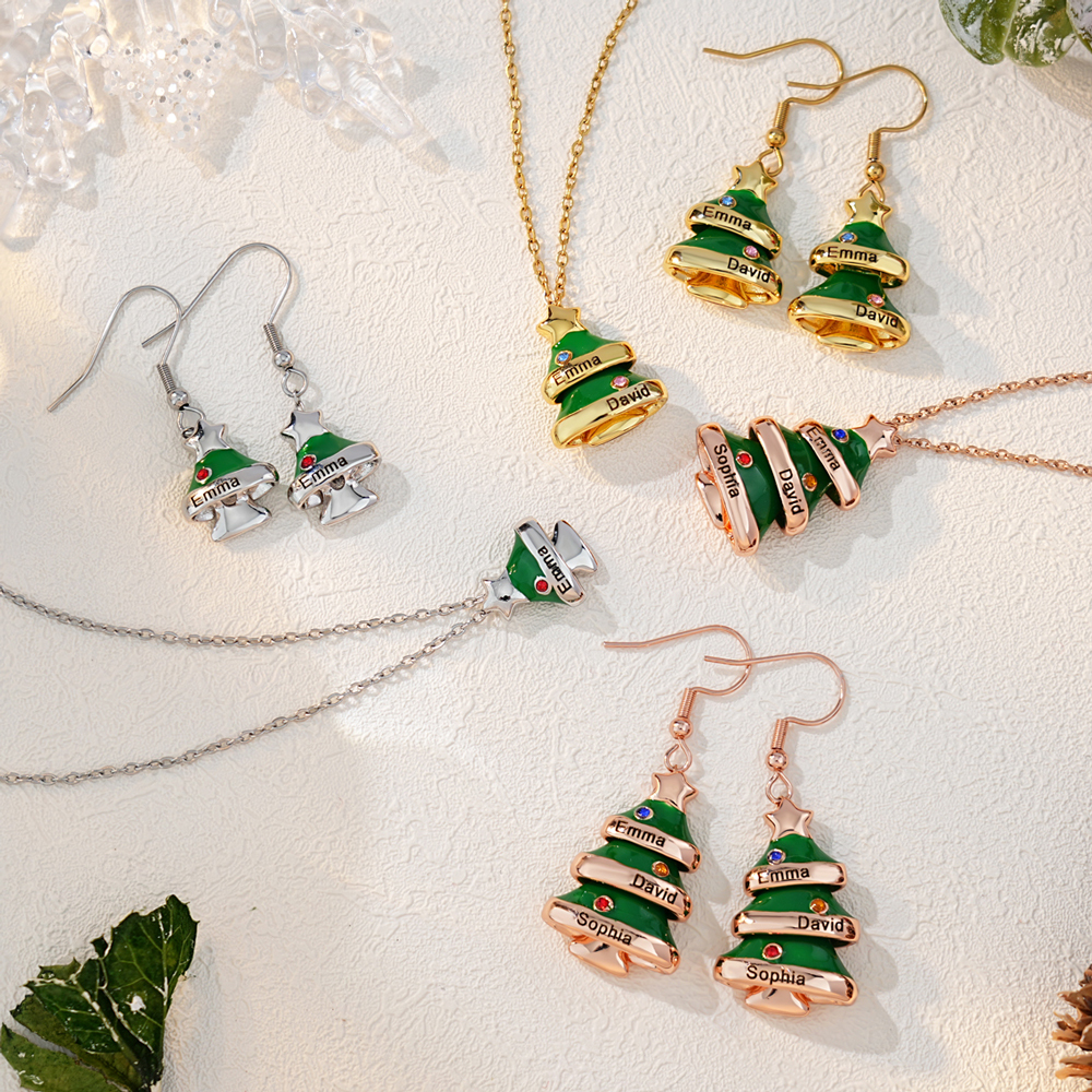Christmas Tree Custom Name Birthstones Necklace Earring Set