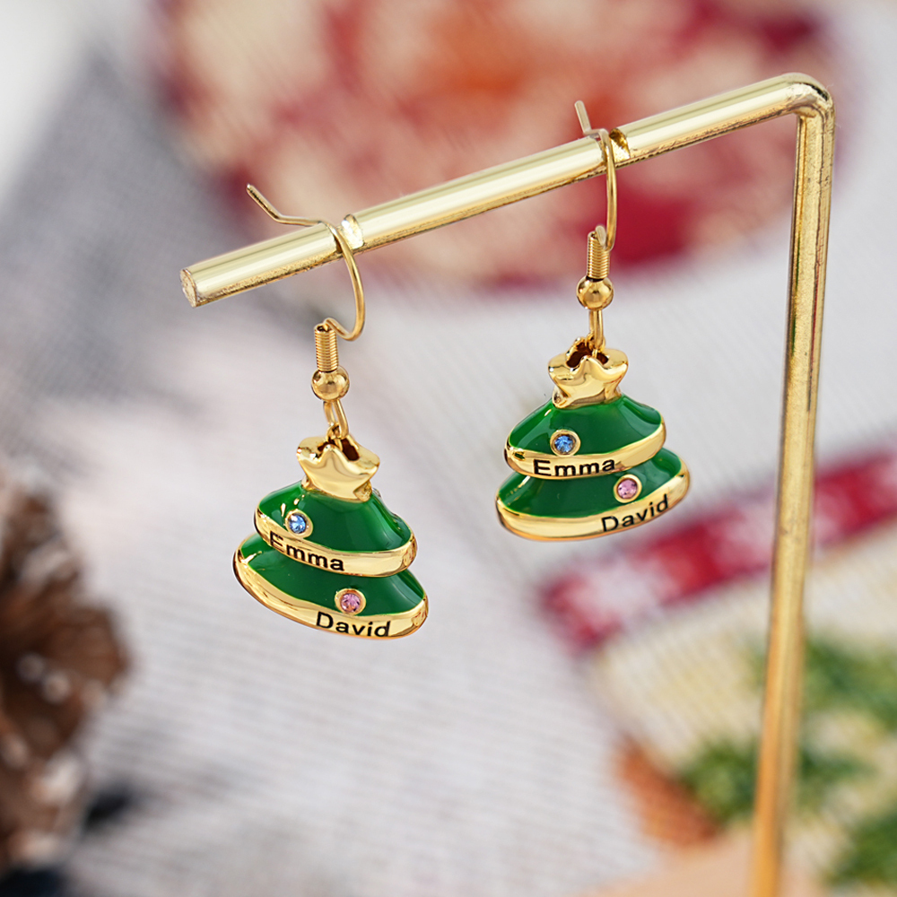 Christmas Tree Custom Name Birthstones Necklace Earring Set