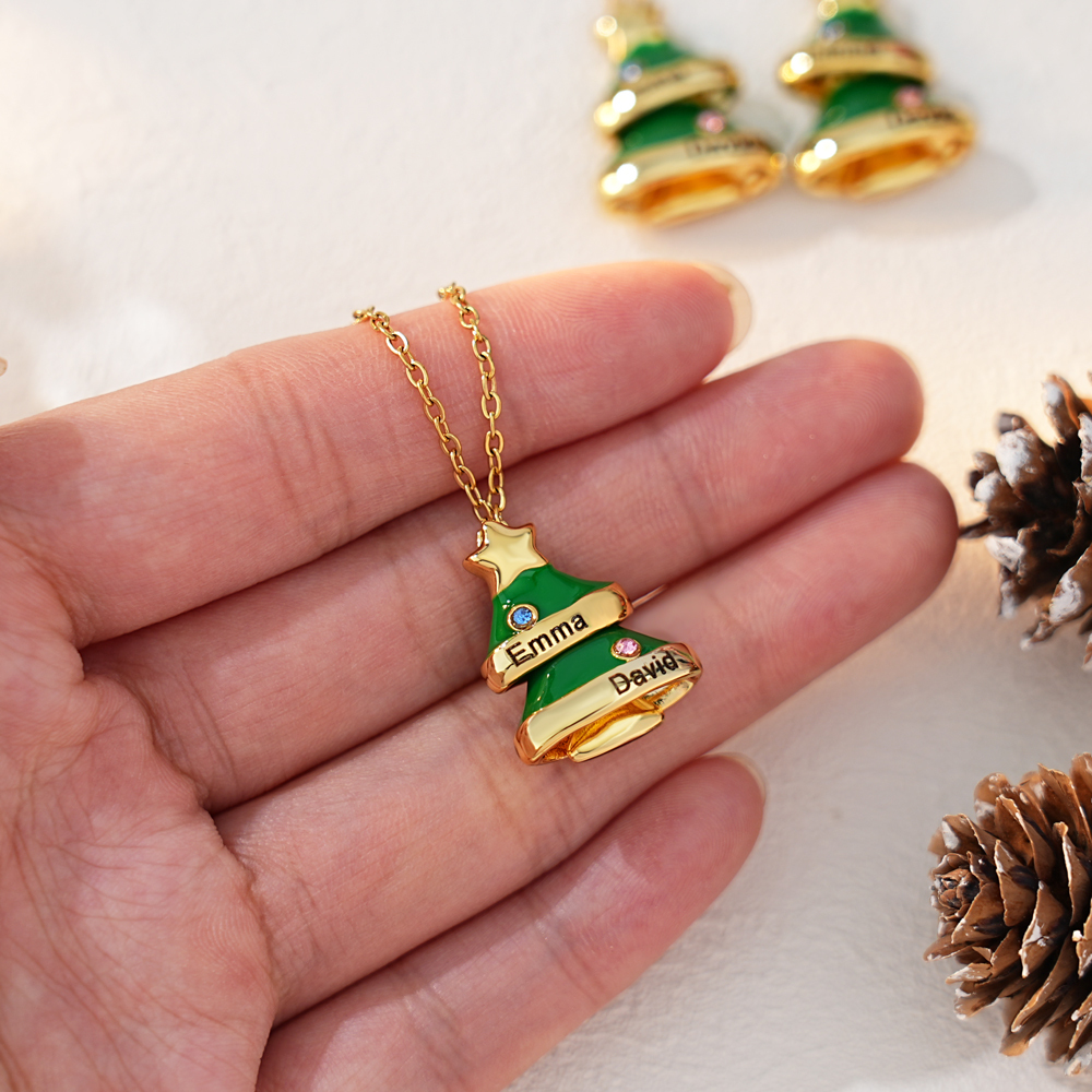Christmas Tree Custom Name Birthstones Necklace Earring Set