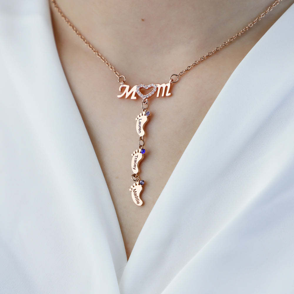Mother's Necklace With Small Custom Name & Birthstone Baby Foot Charms