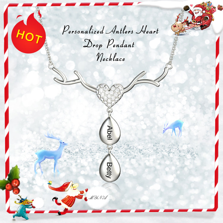 Personalized Antlers Heart Drop Pendant Necklace