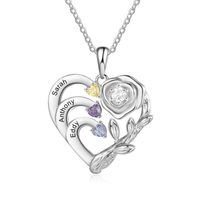 Personalized Mother Rose Intertwined Heart Pendant Necklace