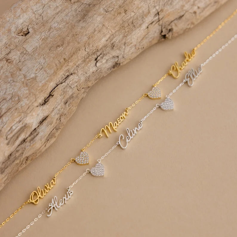 Christmas Gift Custom Name & Pave Heart Charm Necklace