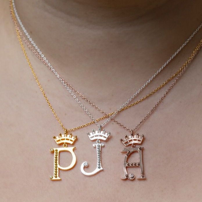 Crown With Bead Gold Plated Personalized Initial Necklace