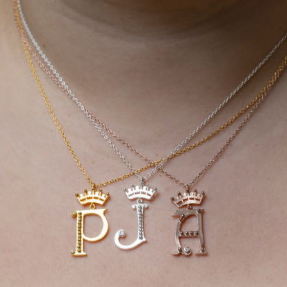 Crown With Bead Gold Plated Personalized Initial Necklace