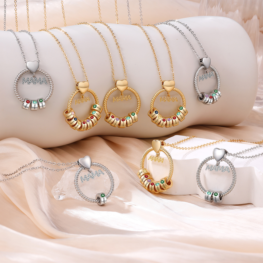 Personalized Circle Pendant Necklace Custom 1-8 Names & Birthstones Necklace