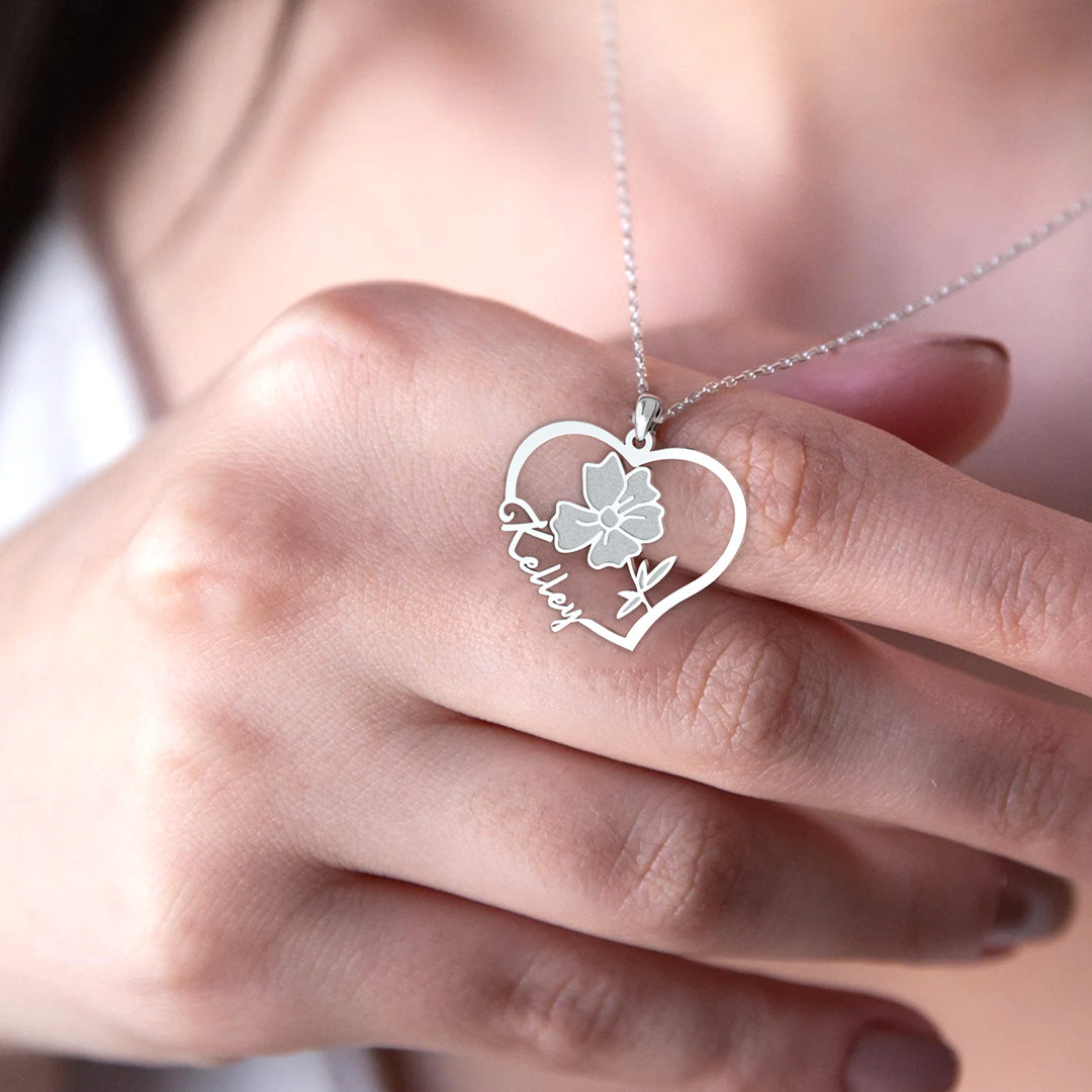 Everlasting Blooms: Birth Flower Love Heart Necklace