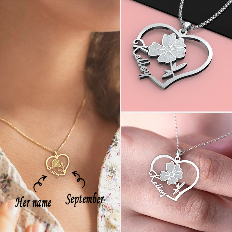 Everlasting Blooms: Birth Flower Love Heart Necklace