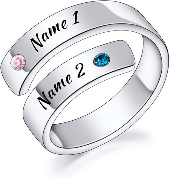 Personalized Spiral Twist Ring for Women Customized Engraving NameDate with Birthstones Adjustable Open Wrap Band Promise Ring Gift for Wedding Engagement