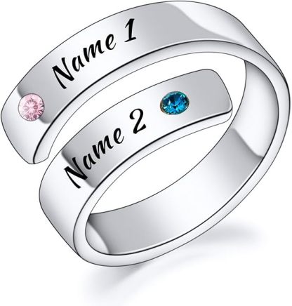 Personalized Spiral Twist Ring for Women Customized Engraving NameDate with Birthstones Adjustable Open Wrap Band Promise Ring Gift for Wedding Engagement