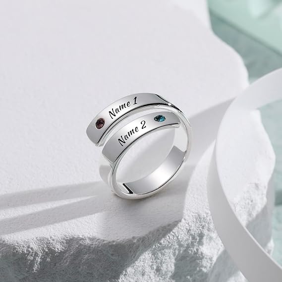 Personalized Spiral Twist Ring for Women Customized Engraving NameDate with Birthstones Adjustable Open Wrap Band Promise Ring Gift for Wedding Engagement