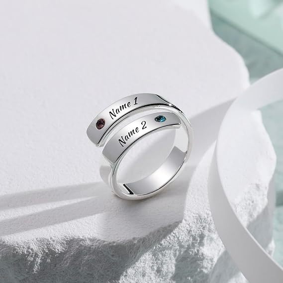 Personalized Spiral Twist Ring for Women Customized Engraving NameDate with Birthstones Adjustable Open Wrap Band Promise Ring Gift for Wedding Engagement