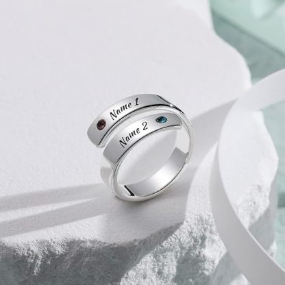 Personalized Spiral Twist Ring for Women Customized Engraving NameDate with Birthstones Adjustable Open Wrap Band Promise Ring Gift for Wedding Engagement