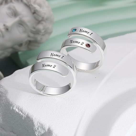 Personalized Spiral Twist Ring for Women Customized Engraving NameDate with Birthstones Adjustable Open Wrap Band Promise Ring Gift for Wedding Engagement