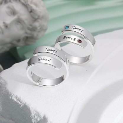 Personalized Spiral Twist Ring for Women Customized Engraving NameDate with Birthstones Adjustable Open Wrap Band Promise Ring Gift for Wedding Engagement