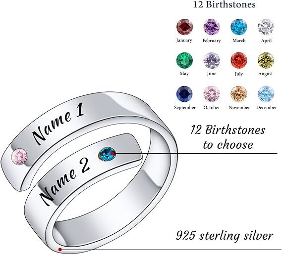 Personalized 925 Sterling Silver Spiral Twist Ring for Women Customized Engraving NameDate with Birthstones Adjustable Open Wrap Band Promise Ring Gift for Wedding Engagement