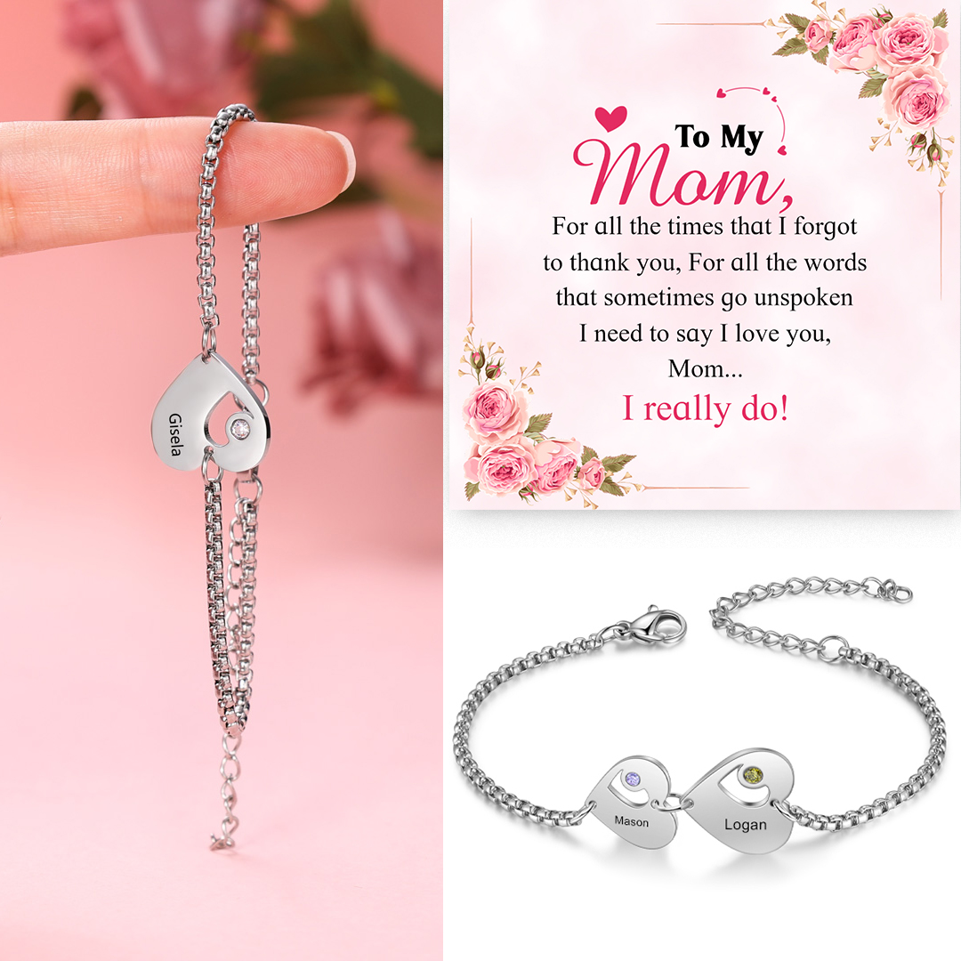 Personalized Heart Bracelet Custom Names & Birthstones Family Bracelet Gifts for Her