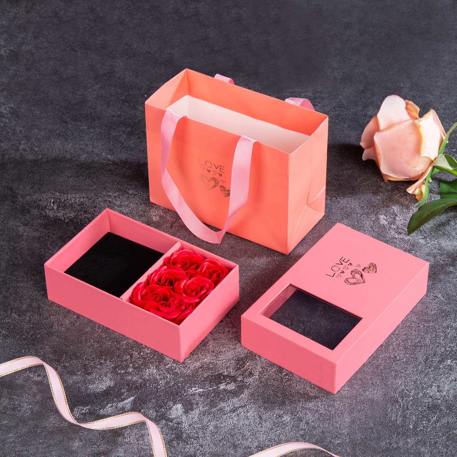 Enchanted Rose Jewelry Box Gift Package Black Pink