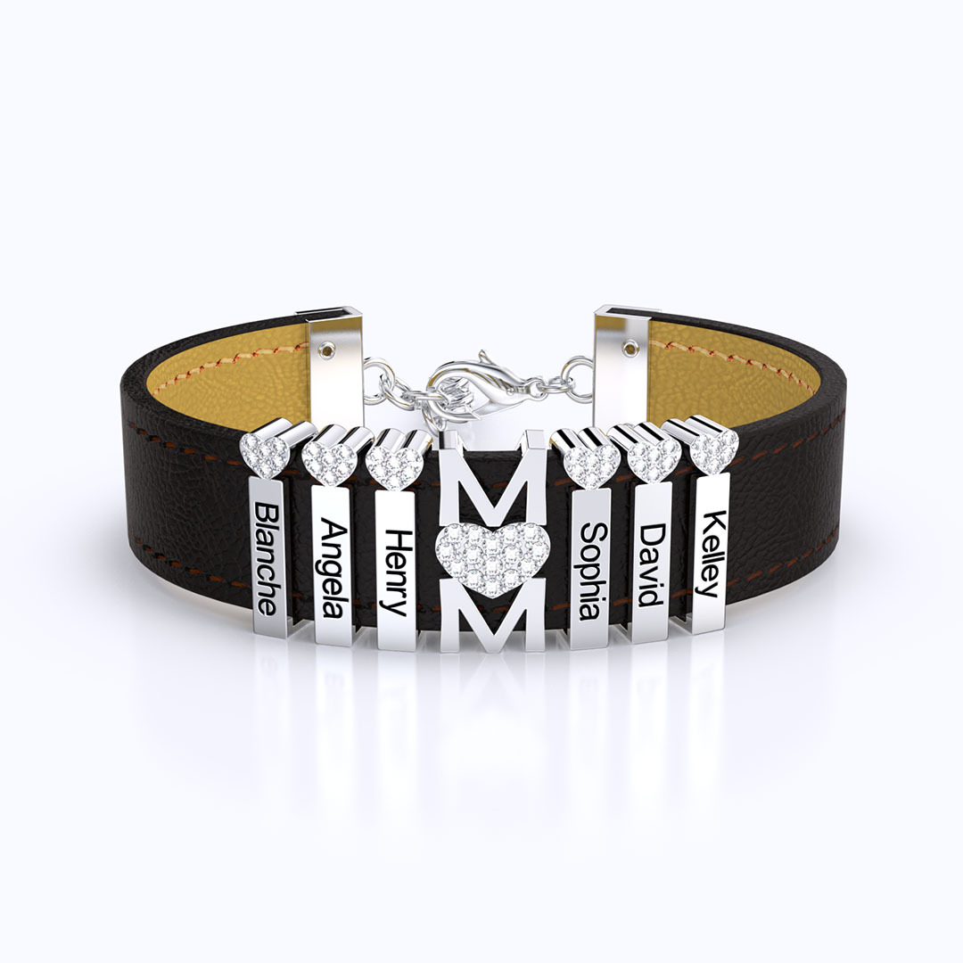 Personalized Leather V Bracelet With Diamond Charms for Grandma/Mom/Dad