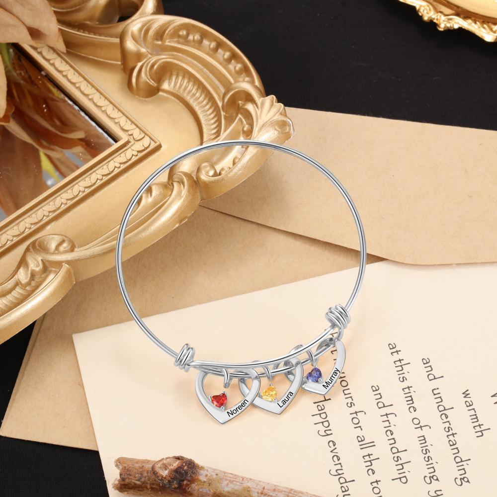 Mother's Day Gift Heart Pendants Bangle Bracelet with 3 Names and Birthstones Gifts for Mom